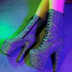 Pleaser Adore 1040GR Glitter Platform Lace-Up Boots Size 9